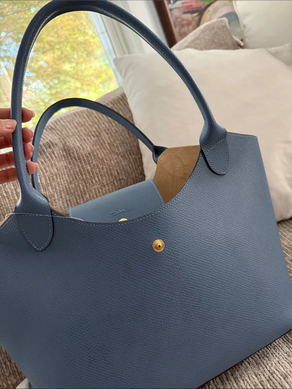 Longchamp Blue Pebbled Leather Tote- Épure shoulder bag in Slate